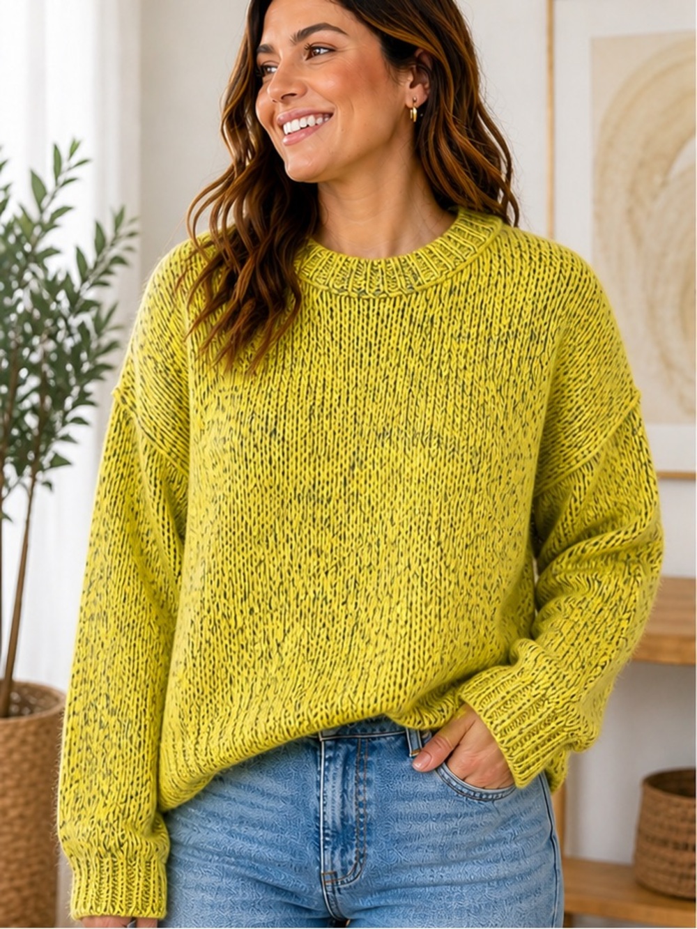 Urban Outfitters Chartreuse Marled Knit Sweater M Slouchy Boxy Cozy Pullover